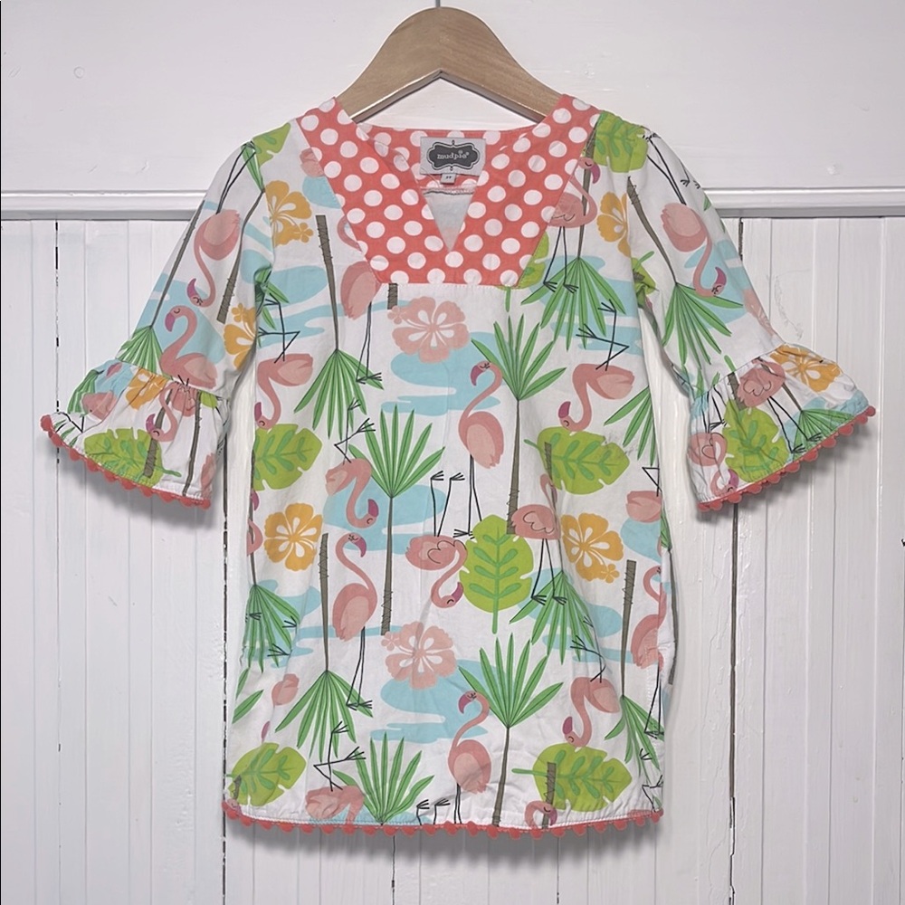 MUDPIE Precious Tropical Flamingo Pom Pom Trimmed Tunic Dress Coverup